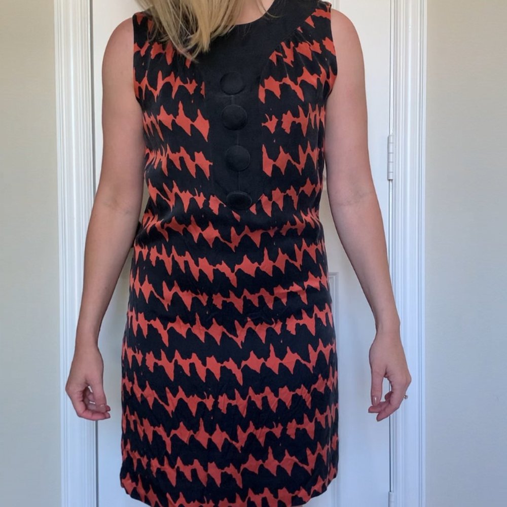 Milly Red & Black Midi Dress with Buttons - Size 4